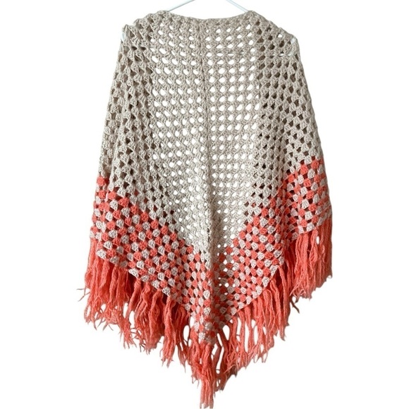 Handknit Crochet Fringe Trim Open Knit Triangle Boho Open Front Poncho Shawl - Picture 2 of 6
